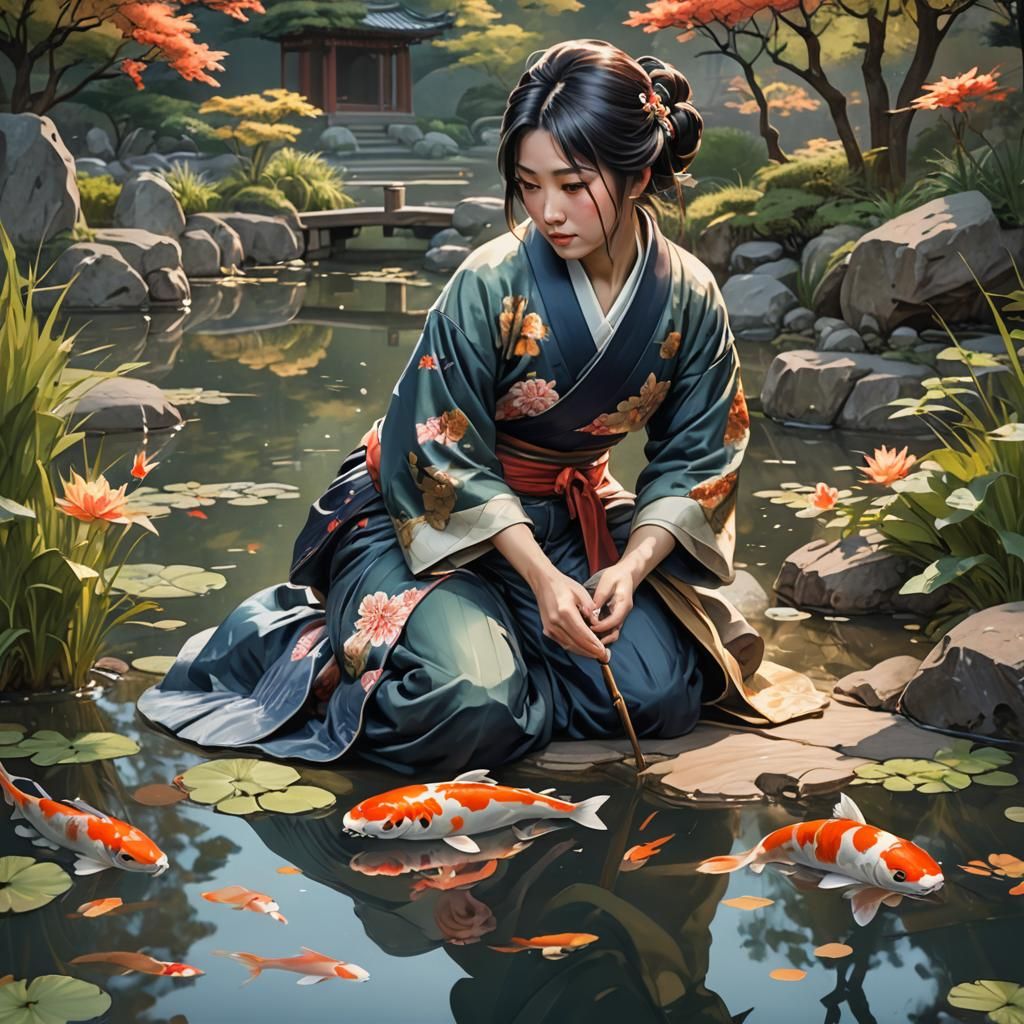 Japanese Lady Feeding Koi in Woodblock Style