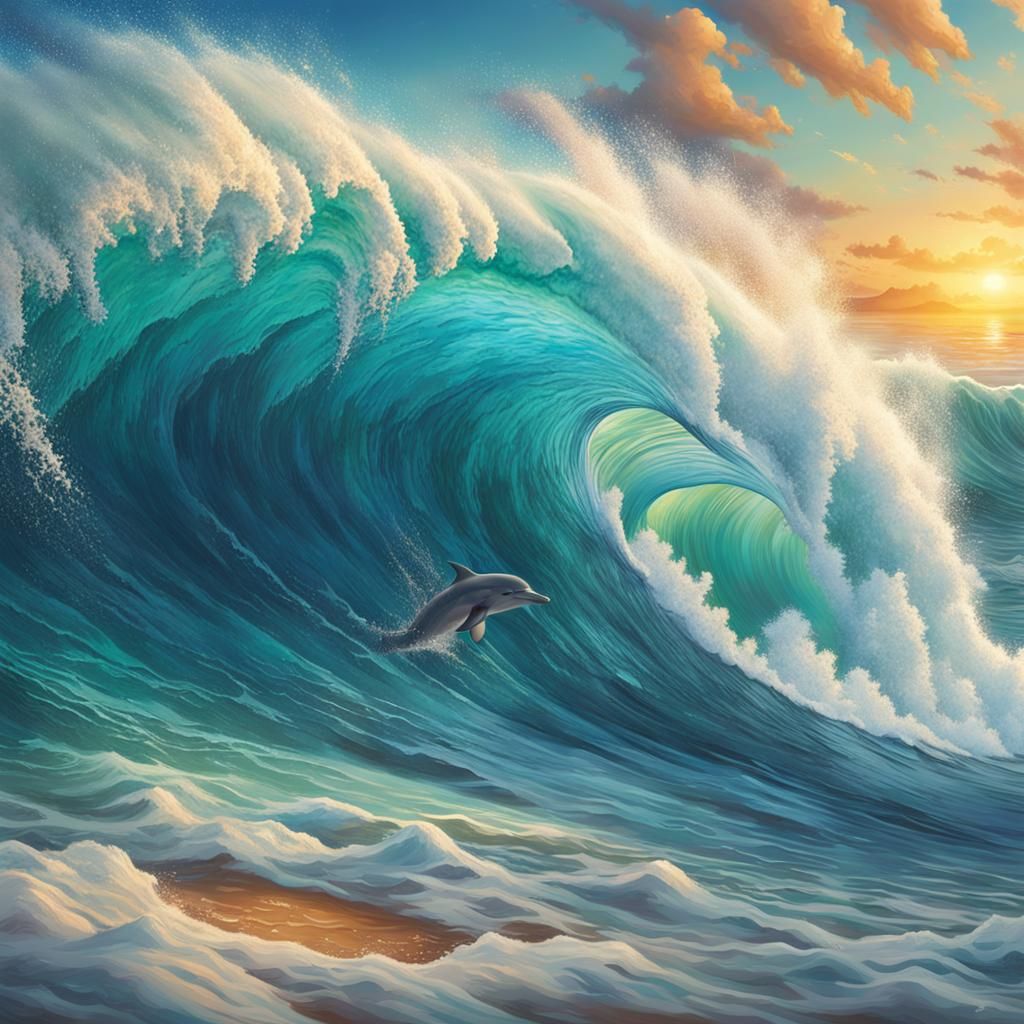 Dolphin Wave Crest: Hyperrealistic Beach Scene