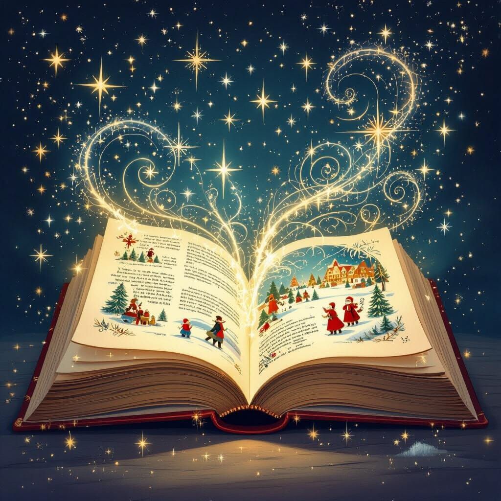 Glowing Christmas Book Illustration with Festive Scenes