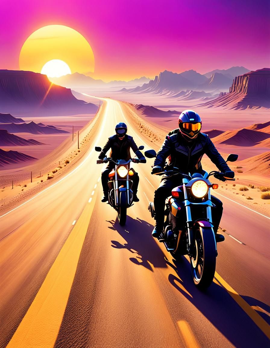 Bikers Ride Power Bikes on Desert Highway