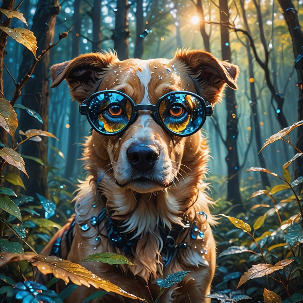 Dog in Futuristic Glasses in Mystical Forest