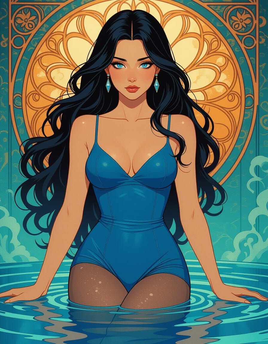 Woman Emerging From Water in Blue Dress, Concept Art Style