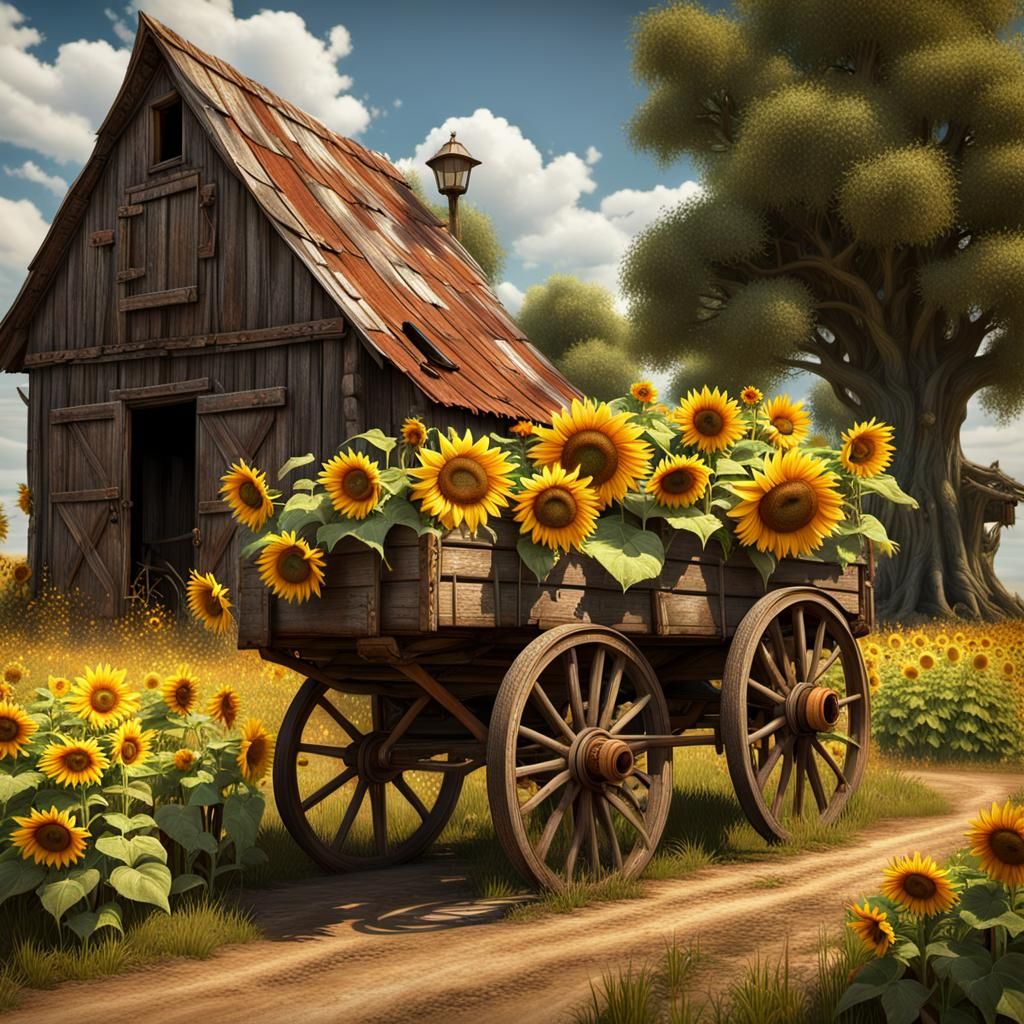 Sunflower Wagon on Dirt Road: Fantasy Concept Art