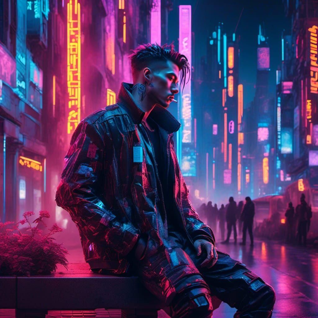 Cyberpunk Smoker in Dystopian Neon Cityscape