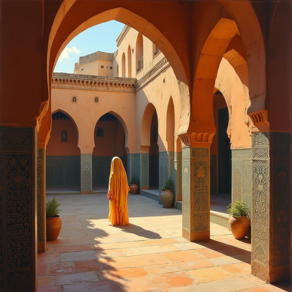 Moroccan Courtyard Oil Painting in Surrealist Style