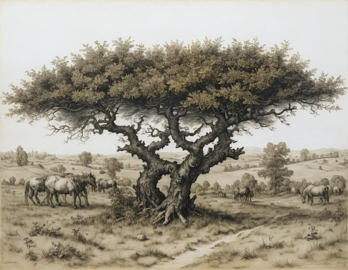 Acacia Tree on Savanna: Charcoal Drawing in Durer Style