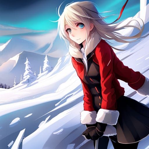 Anime Girl Walks in Blizzard with Red Scarf