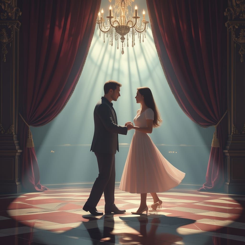 Shadow Lovers Dancing in Dramatic Ballroom