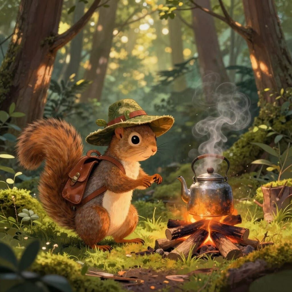 Fluffy Squirrel's Whimsical Forest Adventure with Campfire