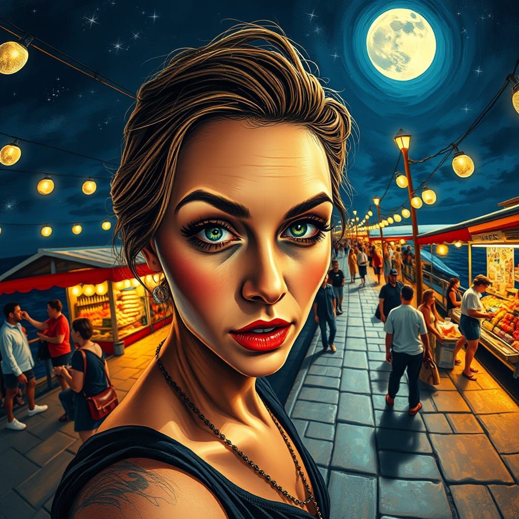 Vibrant Nighttime Pier Scene with Expressive Woman