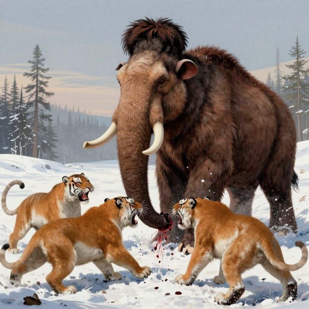 Mammoth Attacked by Sabertooth Tigers in Snowy Horror
