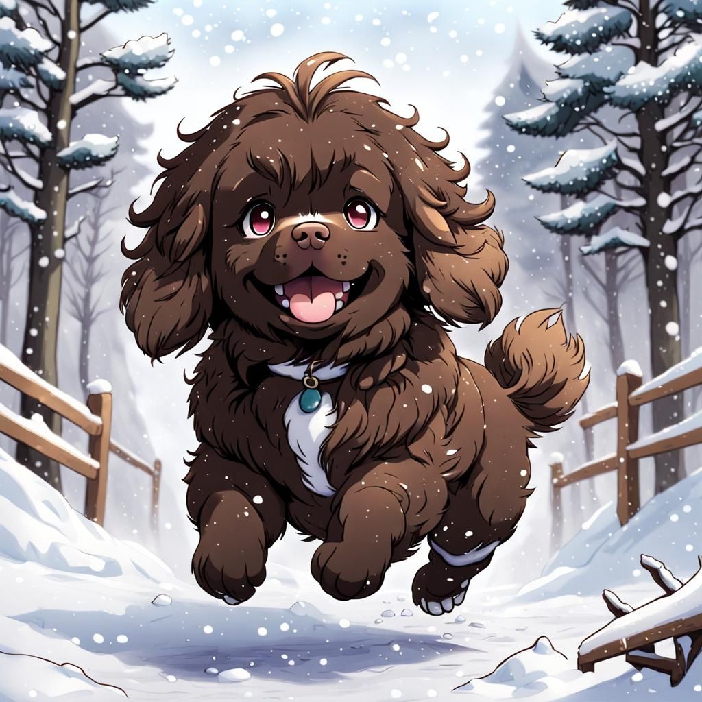 Chibi Newfoundland Dog Bouncing in Snow, Anime Style