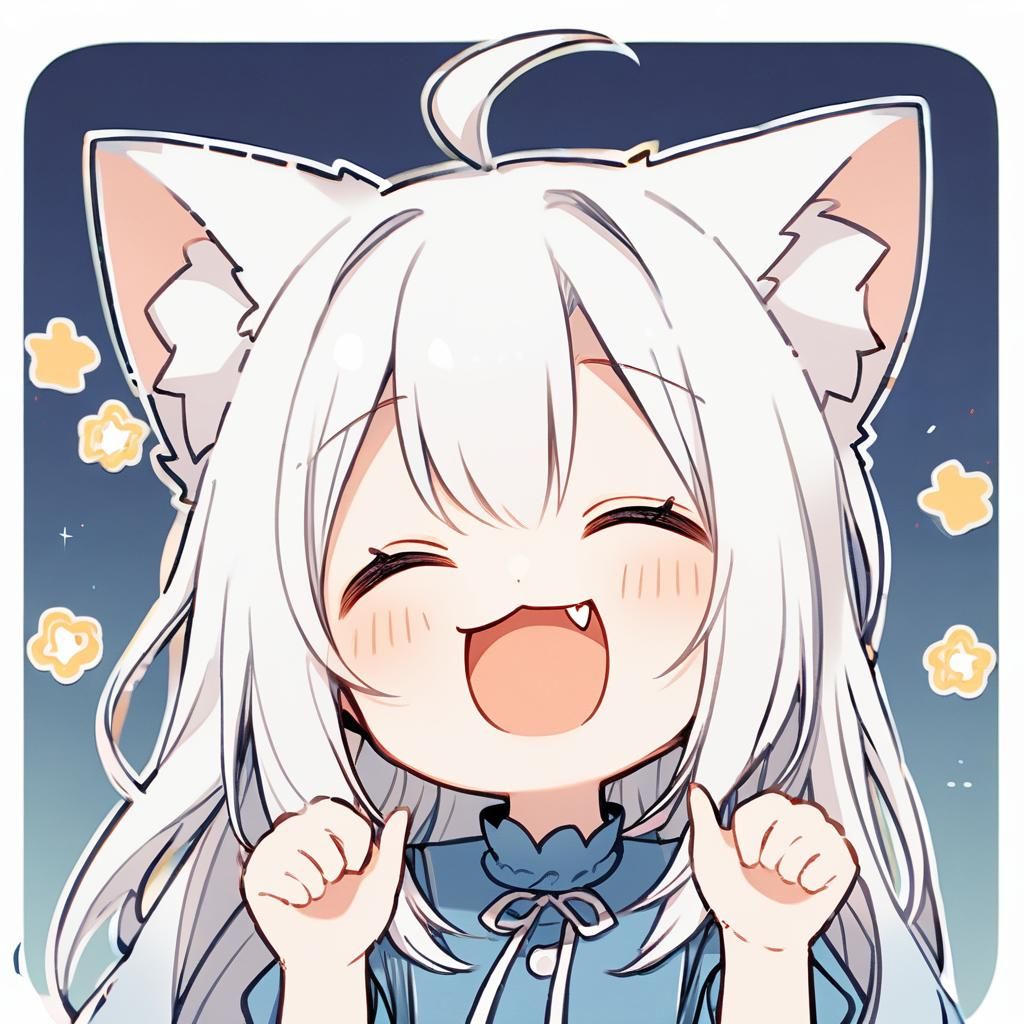 Adorable Catgirl with White Hair and Blue Dress