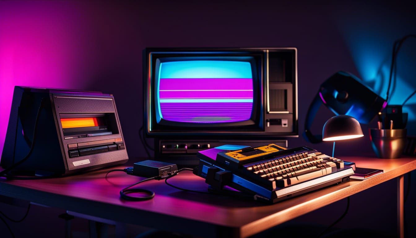 Commodore 64 and Walkman in Synthwave Neon Retro