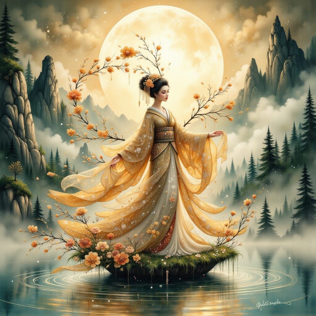 <lora:BlackGold silhouette:1.0> <lora:Frosty flux:1.0> <lora:Wet ink sketch:1.0> <lora:Shadow whimsy:1.0> A lone geisha,...