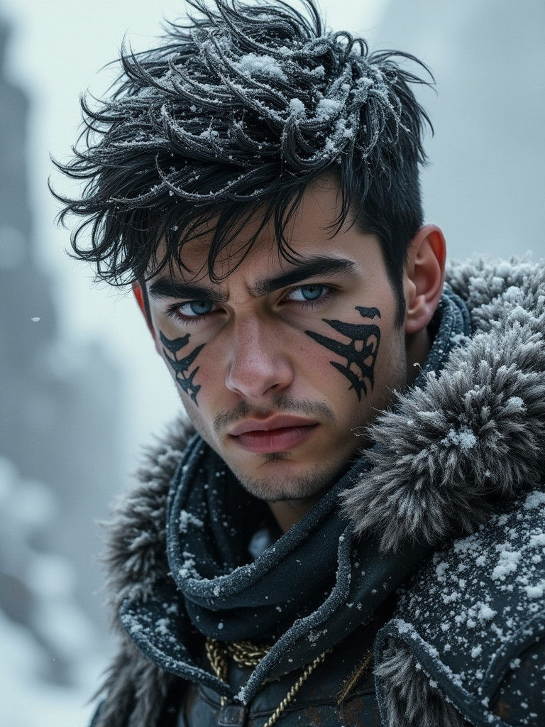 Intense Young Warrior Portrait in Dramatic Winter Scene