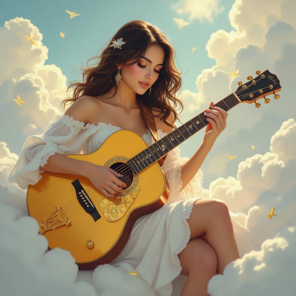 Woman Plays Golden Guitar Amidst Clouds