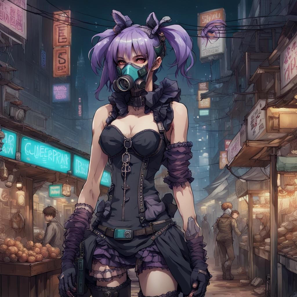 Cyberpunk Girl with Gas Mask in Night Market