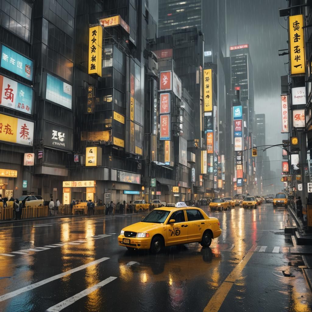 Yellow Taxi in Rainy Tokyo Streetscape