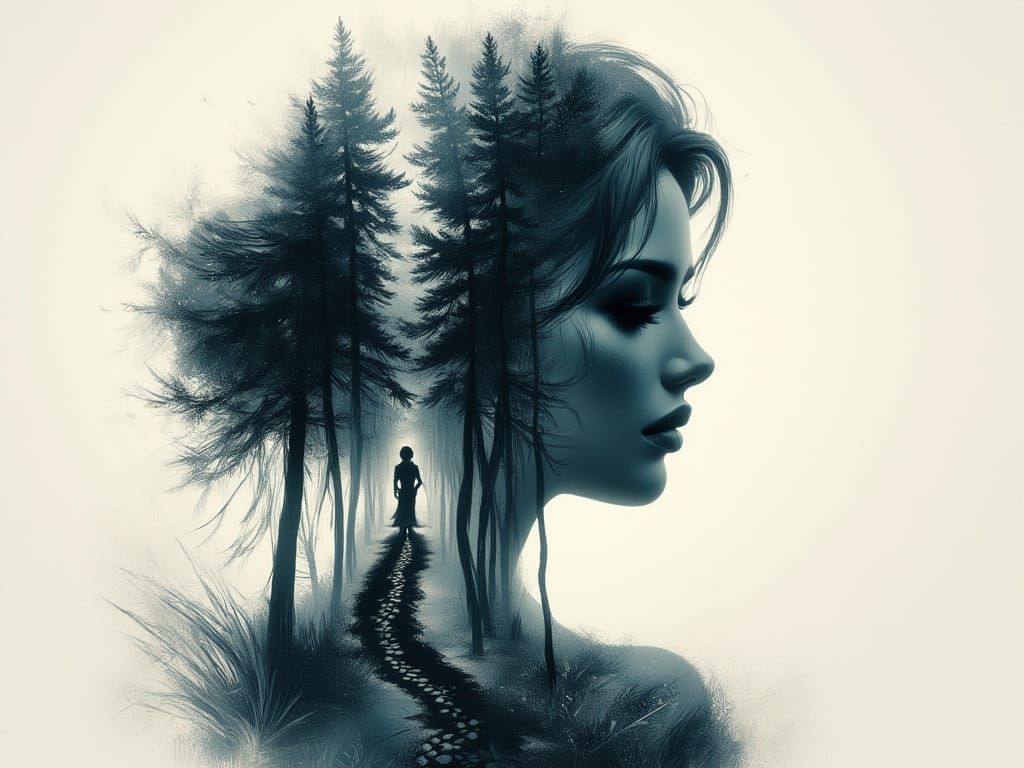 Ethereal Double Exposure Portrait: Woman Merged with Forest