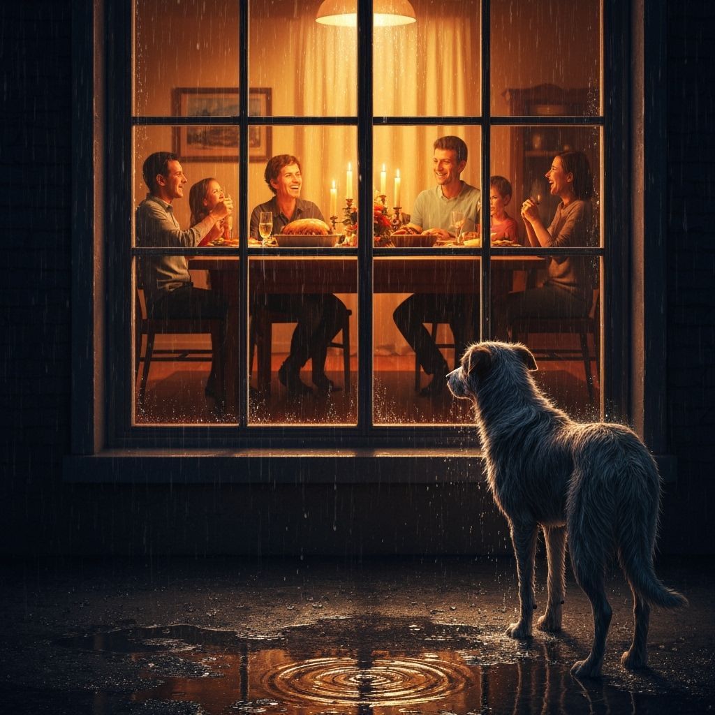 Drenched Dog Gazes at Family Dinner Through Window