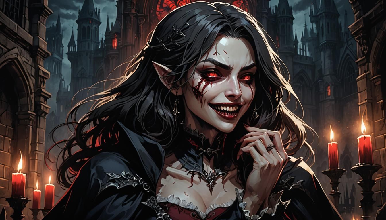 A vampire girl with fangs smiling maniacally
