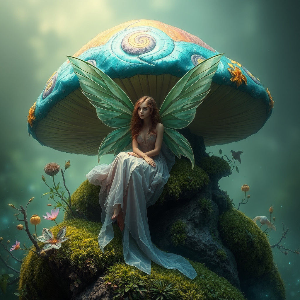 Enchanted Fairy on Mushroom, Mystical Matte Painting