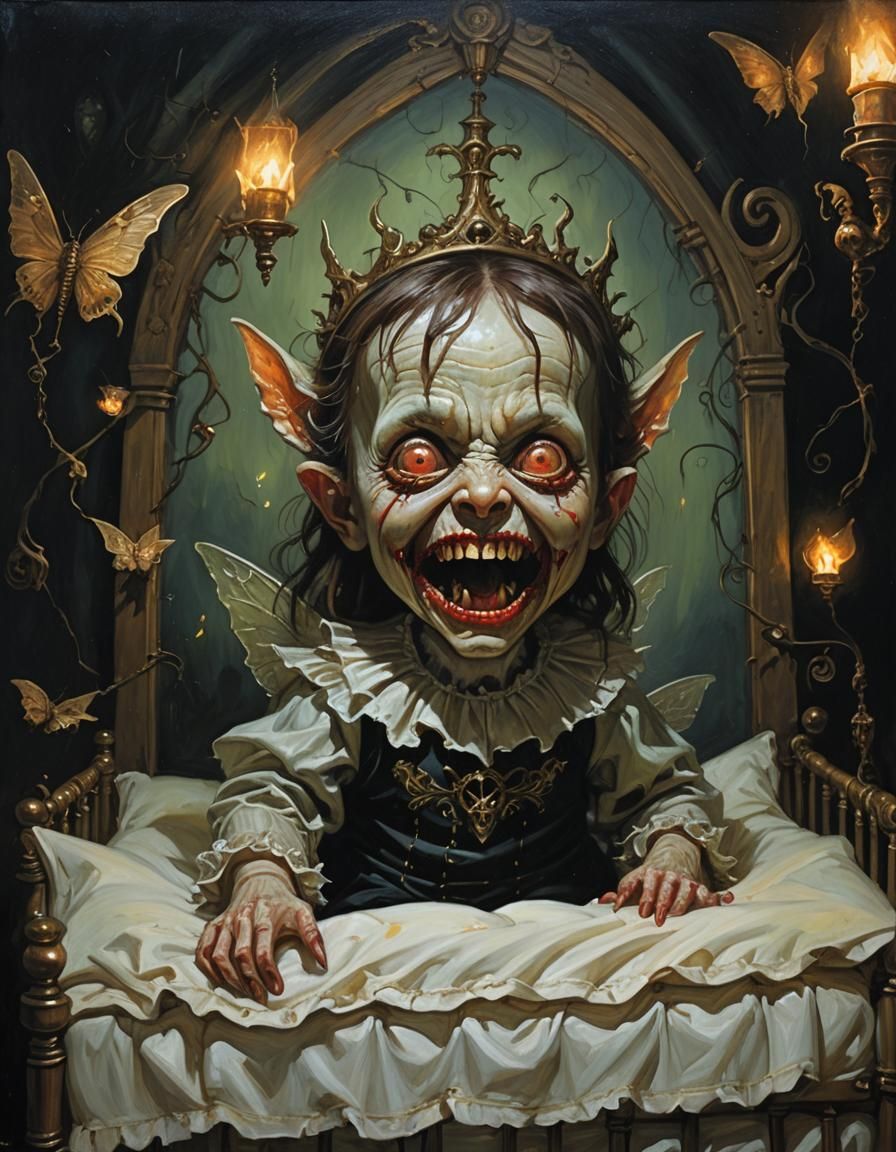 Eerie Demonic Fairy in Baby Bed: A Gothic Horror