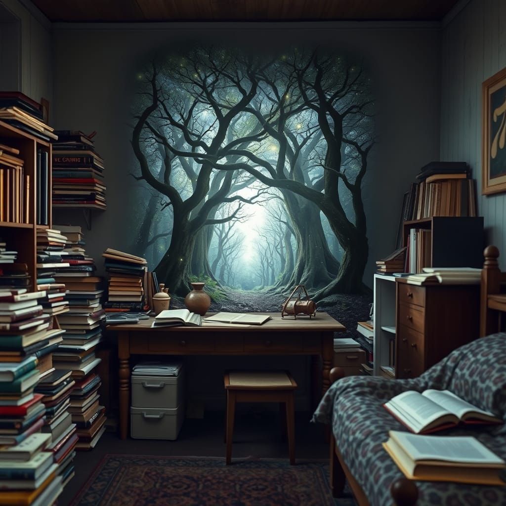 Mystical Forest Portal in Cluttered Bedroom