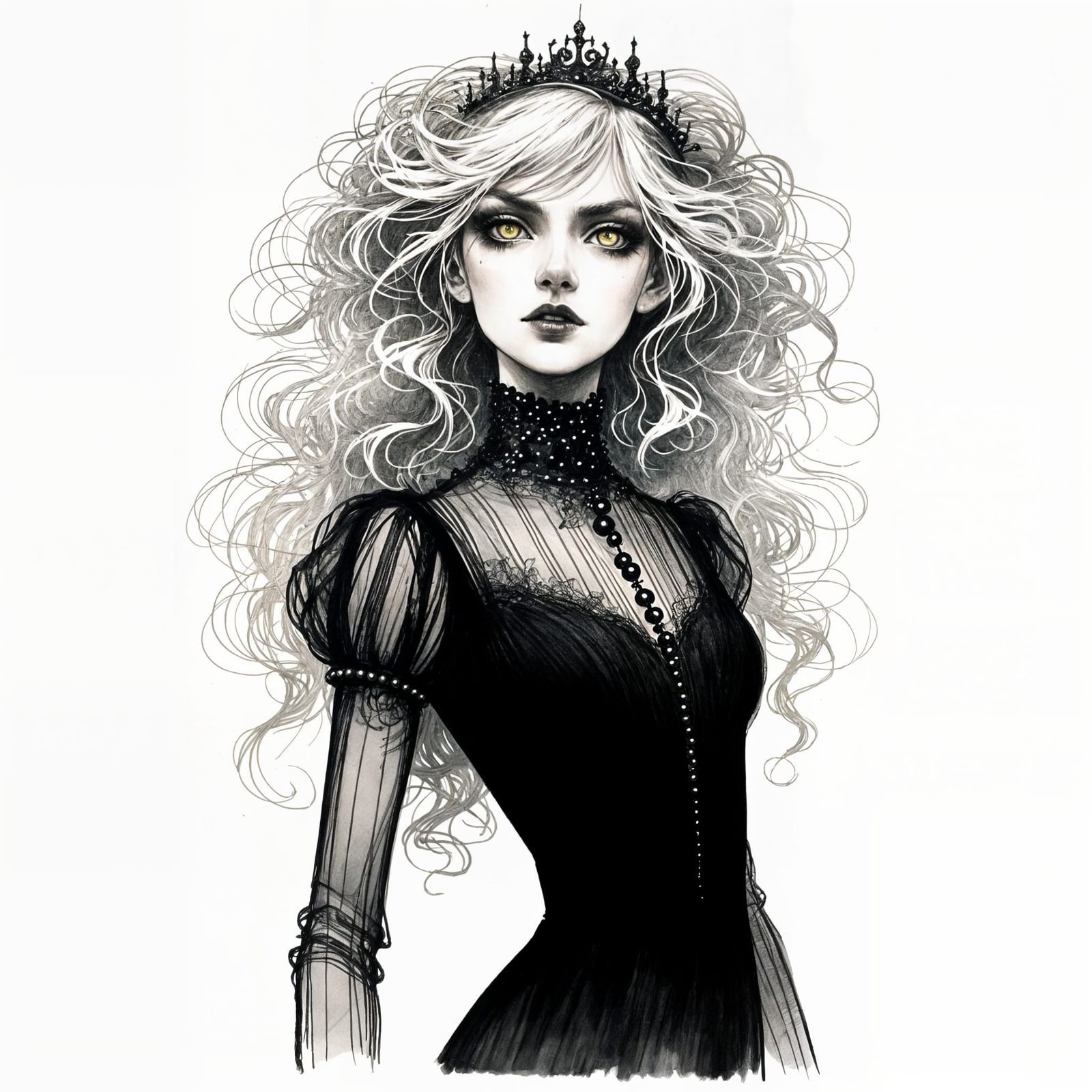 Abstract Ink Drawing of a Maiden with Pearl Tiara