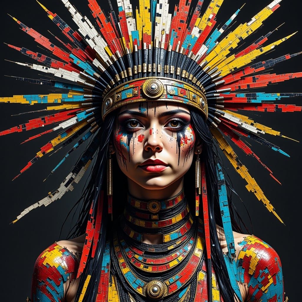 Native American Warrior in Glitch Art Style