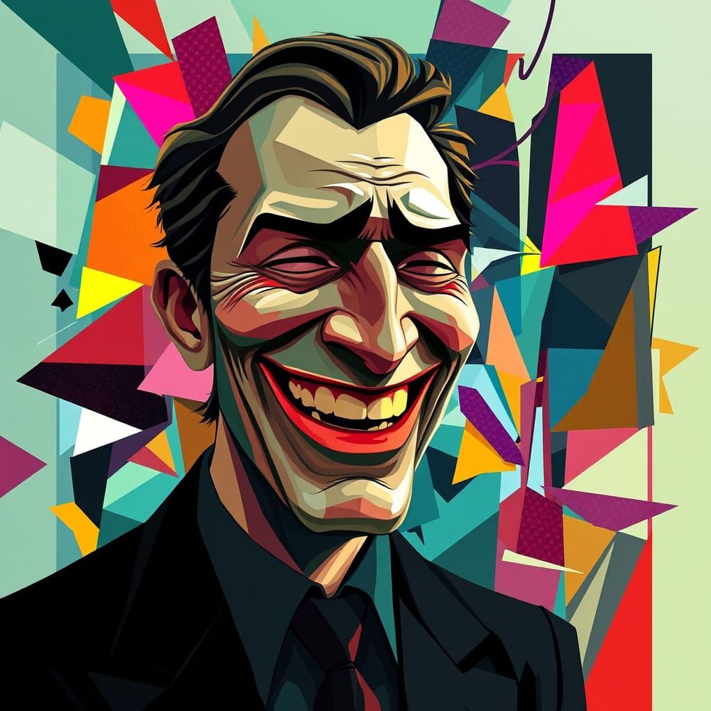 Enigmatic Figure in Vibrant, Fragmented Neo-Cubist Environme...