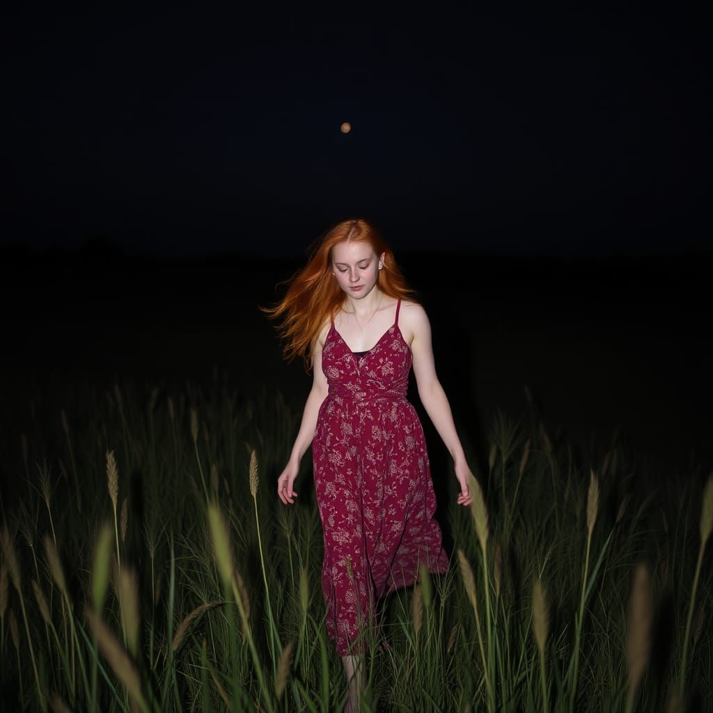 Redhead Sleepwalking in a Midnight Field