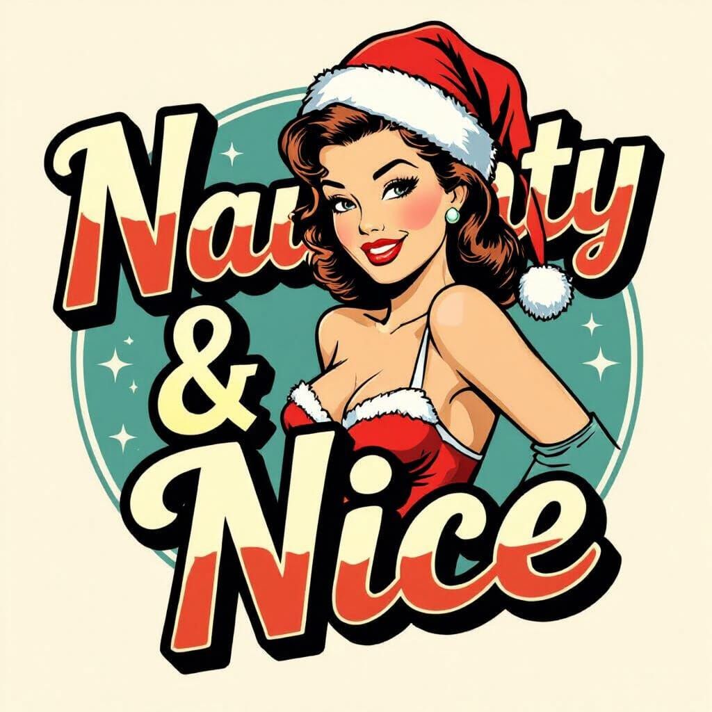 1950s Pin-Up Girl with Santa Hat and "Naughty & Nice"