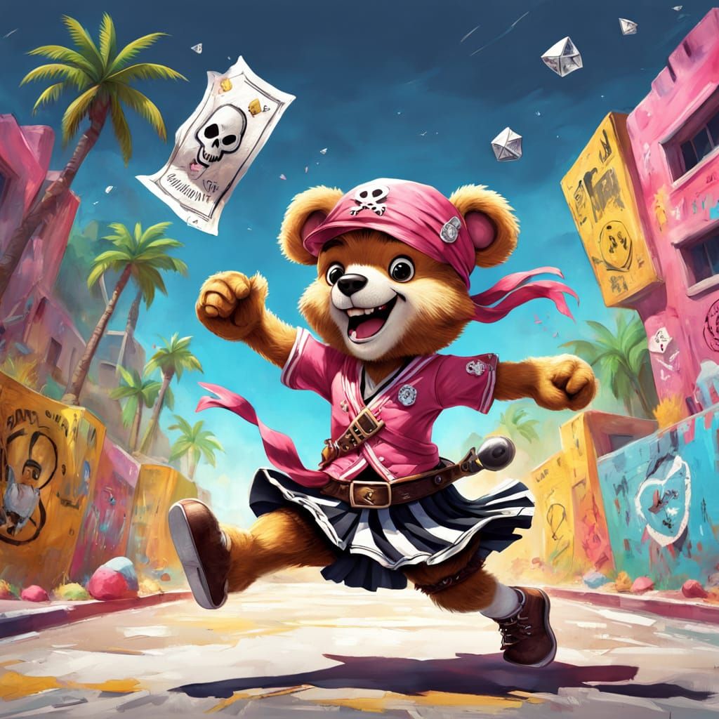 Cute Pink Pirate Bear Leaping for Joy in Cartoon Style