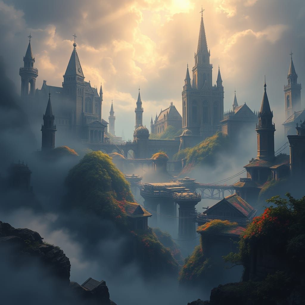 Ethereal Sunken Metropolis in Deep Blues and Purples