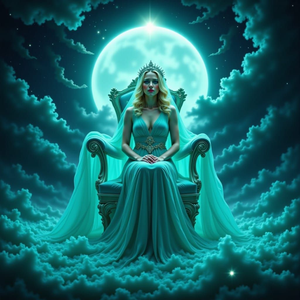 Serene Goddess of Night in Turquoise Cosmic Surrealism