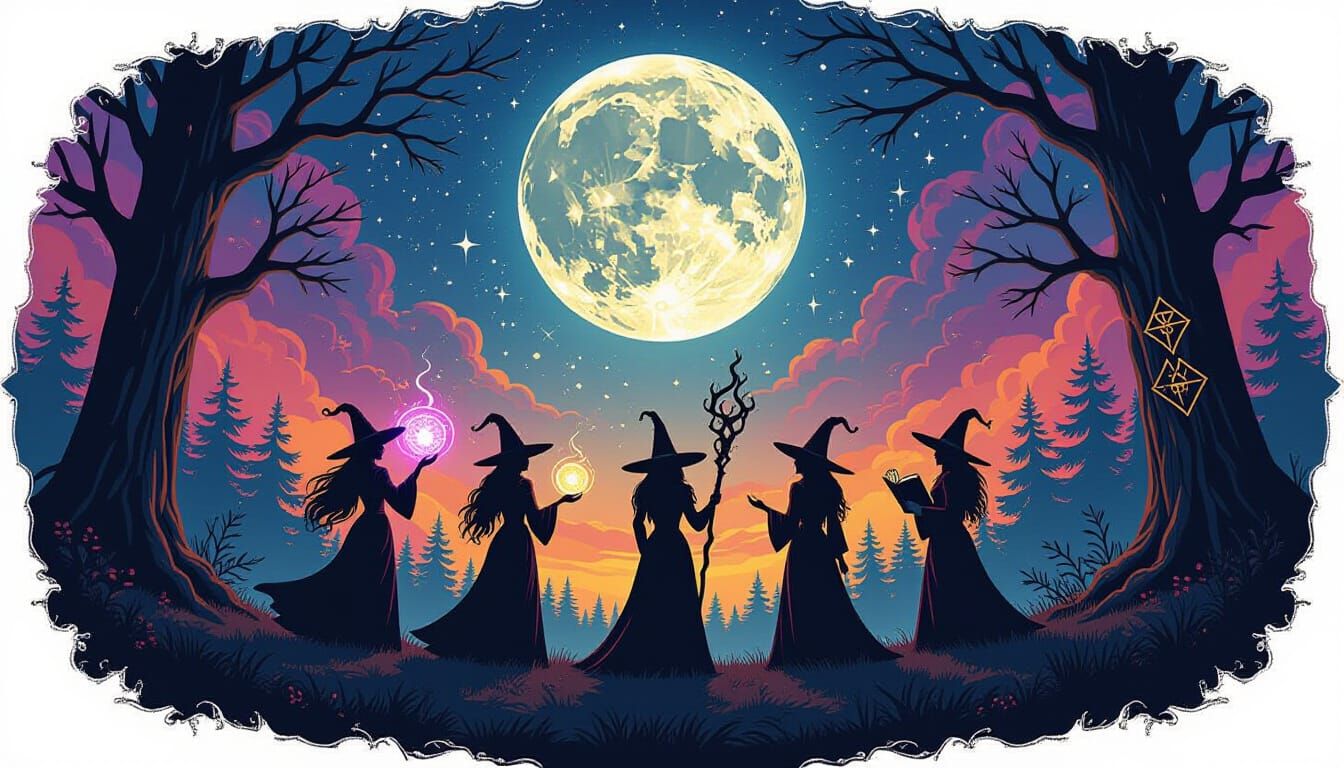 Witches Coven Gathering Under Magical Moonlit Sky
