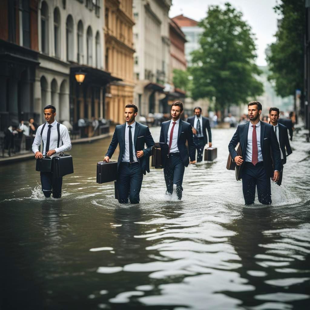 City Street Flood: Business People in Suits