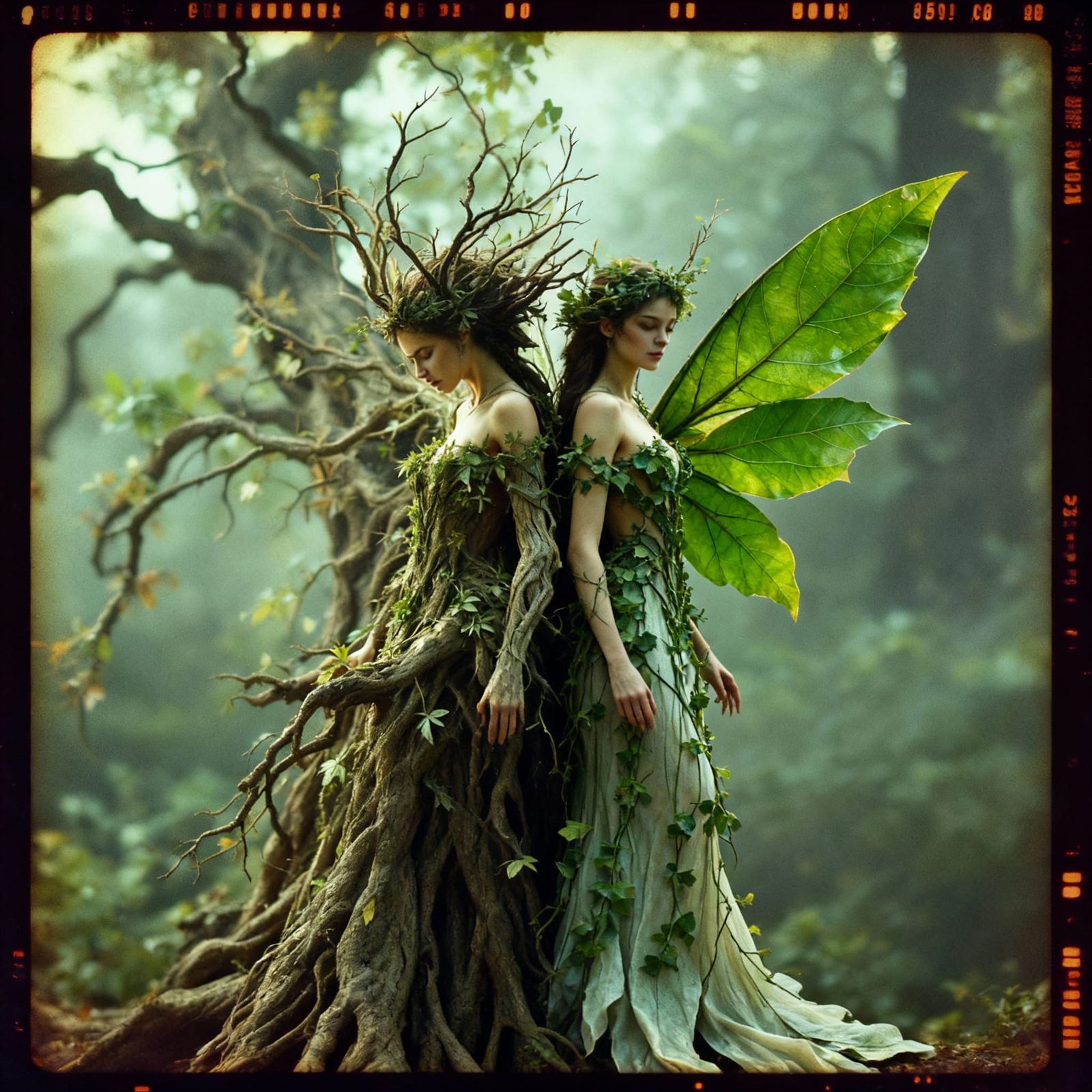 Two Fairies Posed Back to Back in Cinematic Style