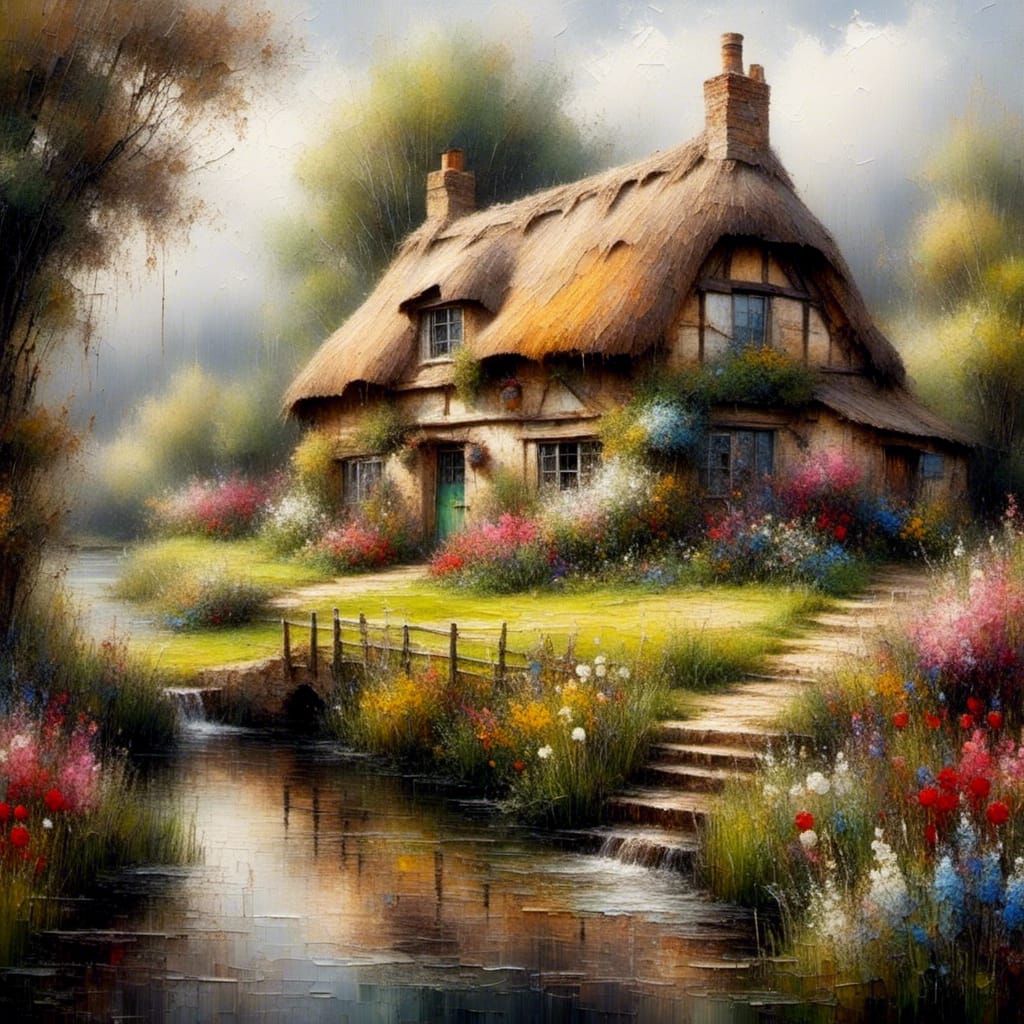 Charming Thatched Cottage in Encaustic Watercolour