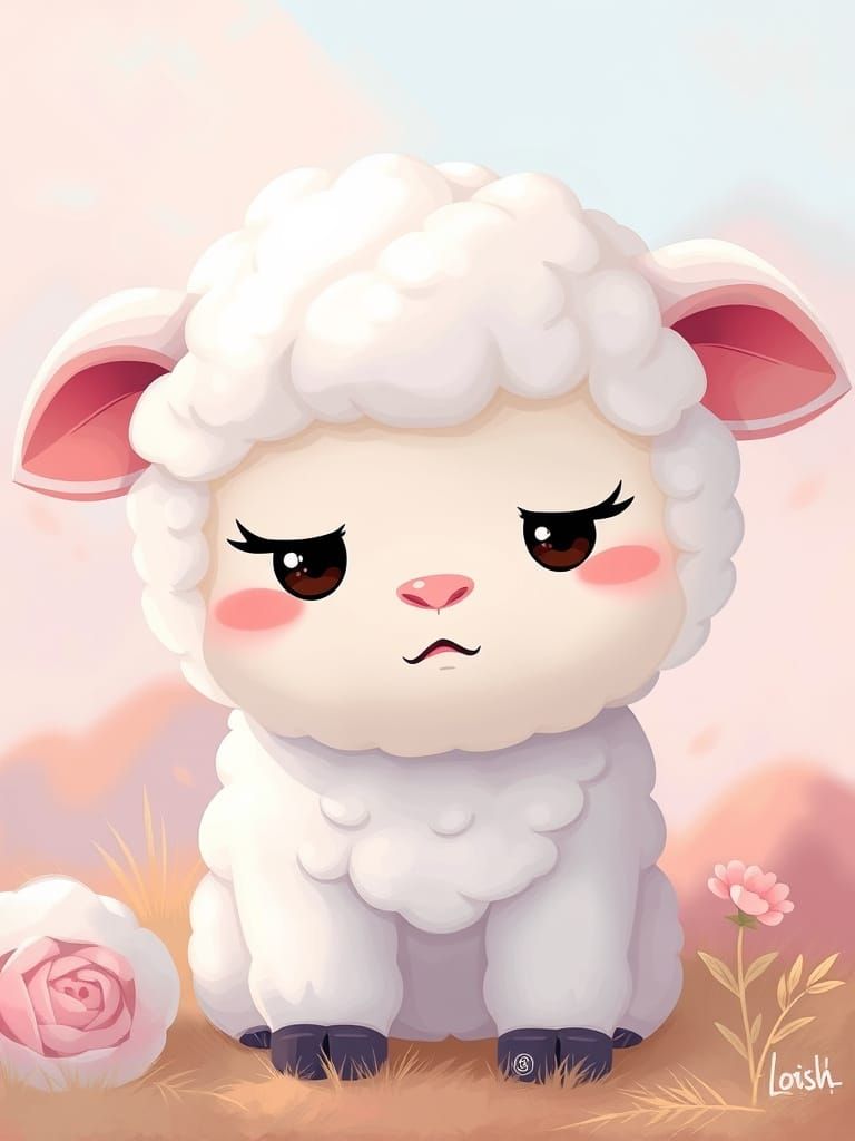 Anxious Lamb in Sanrio-Miyazaki Style