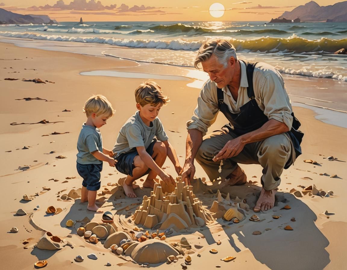 Father and Son Build Sandcastle in Gouache Style