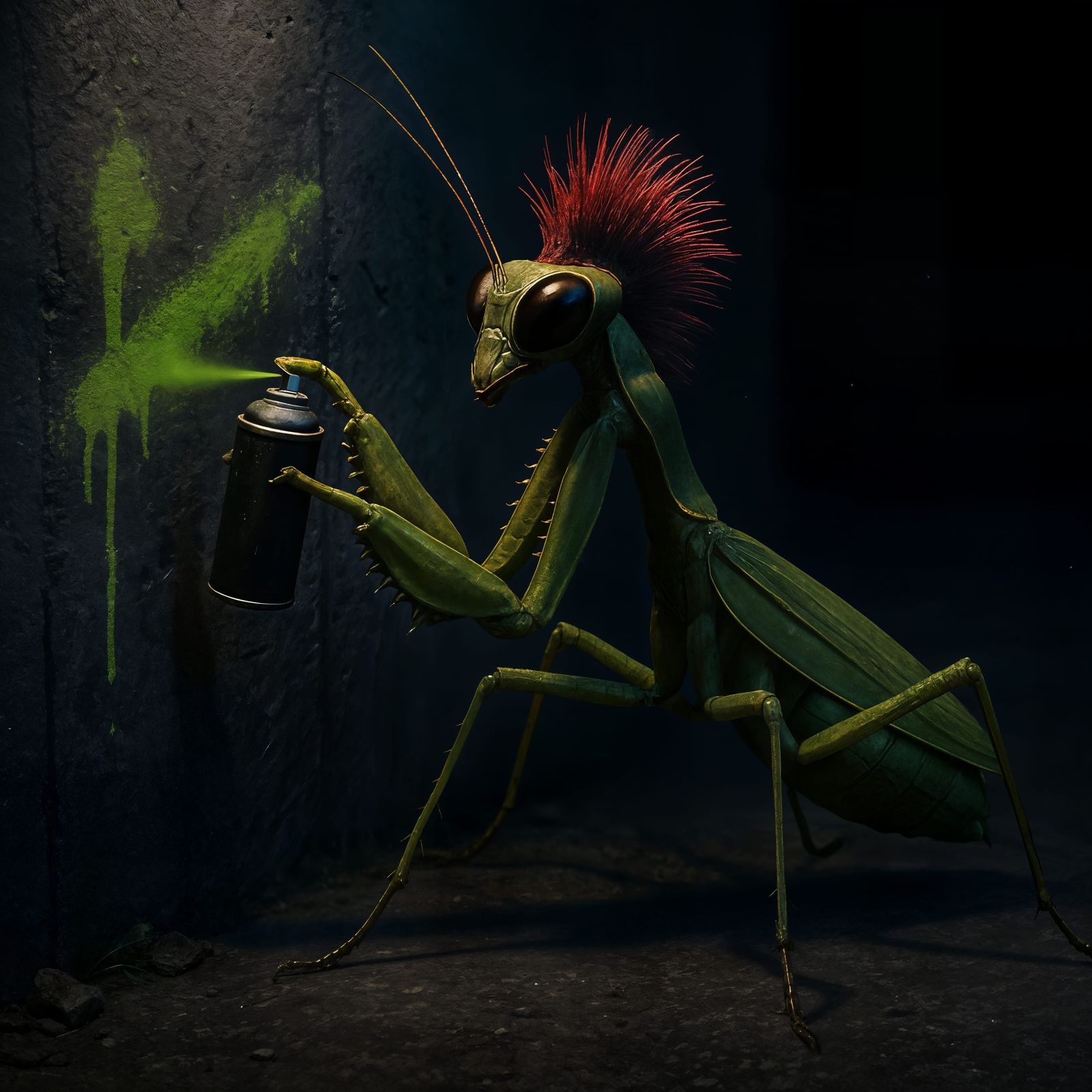Punk Praying Mantis Graffiti Artist at Night