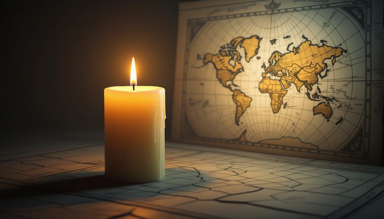 Single Candle's Golden Glow in Darkness with Broken Map