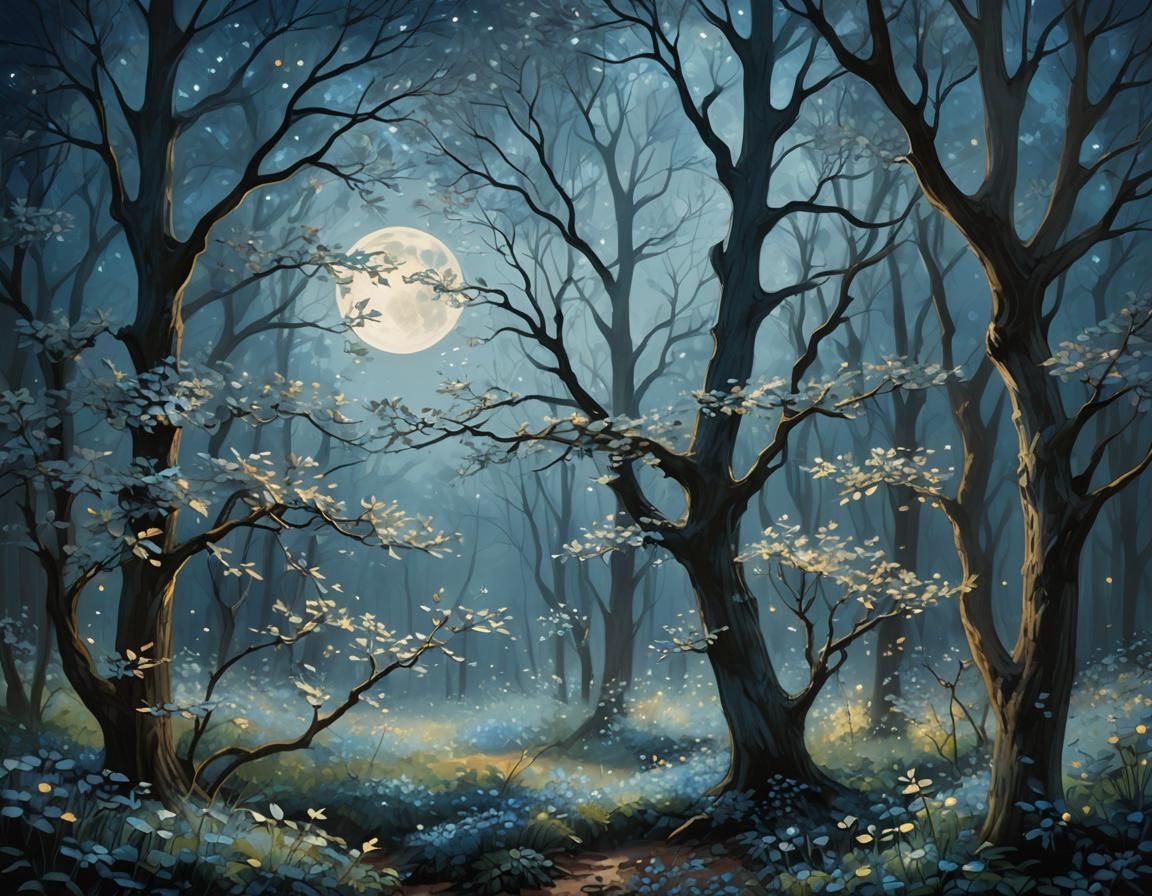 Mystical Forest Nocturne in Dreamy Impressionistic Style