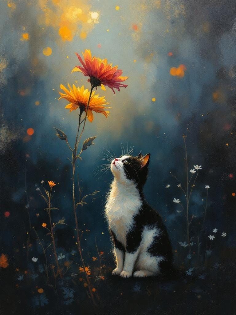 Cat Asks Flower for Tales in Textured Oil Painting