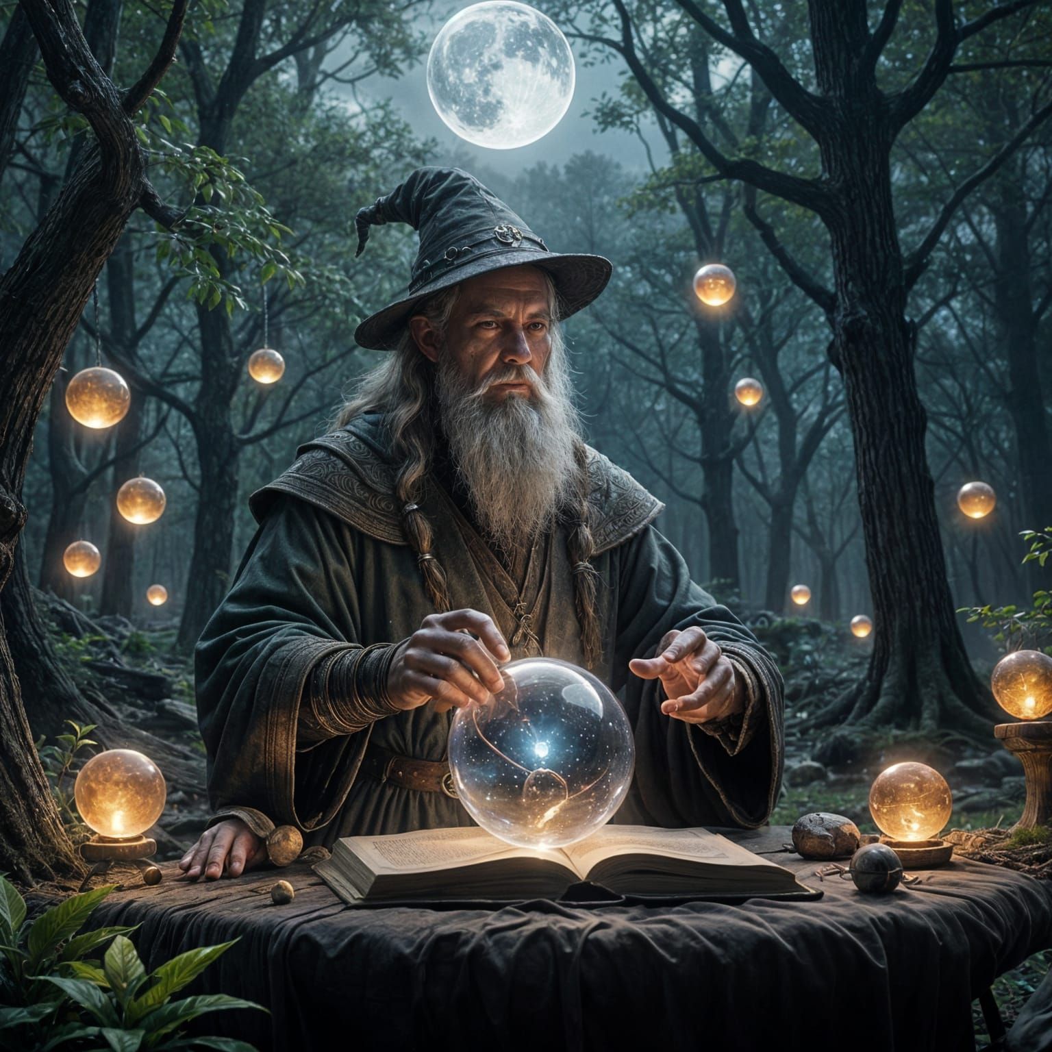 Ancient Wizard Conjures Magic Under Moonlit Wilderness