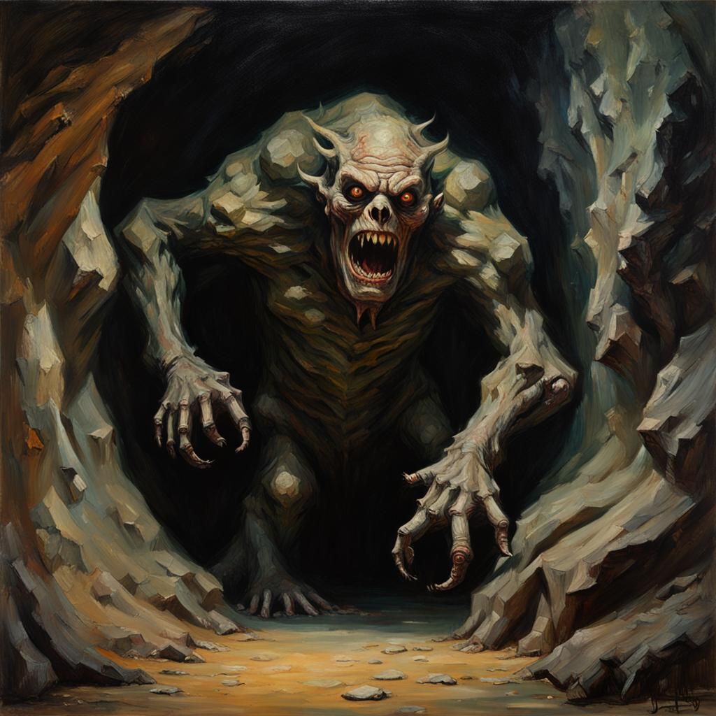 Nightmare Monster Walks in Dark Cavern - Oil Painting