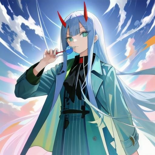 Anime Girl with Blue Hair and Lollipop